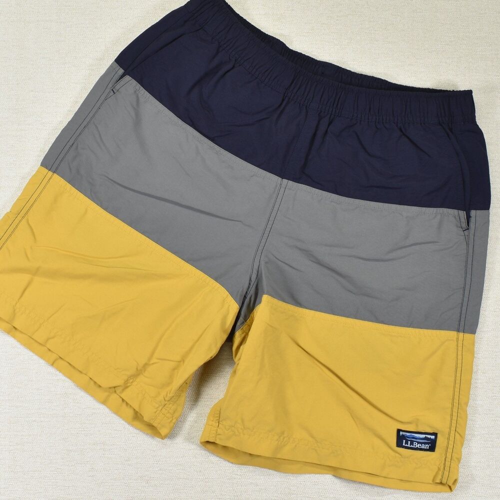 LL Bean Swim Trunks Mens Medium Blue Gray Yellow Colorblock Mesh Brief M